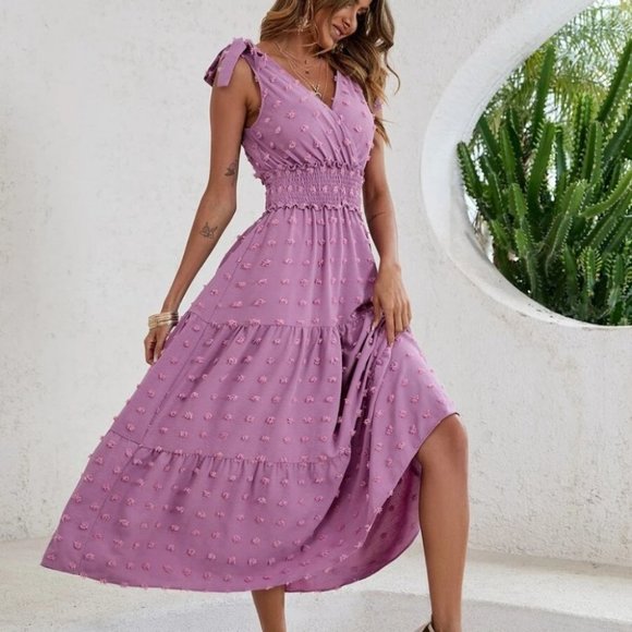 Swiss Dot Tie Shoulder V Neck Shirred Waist Dress purple - Picture 4 of 7